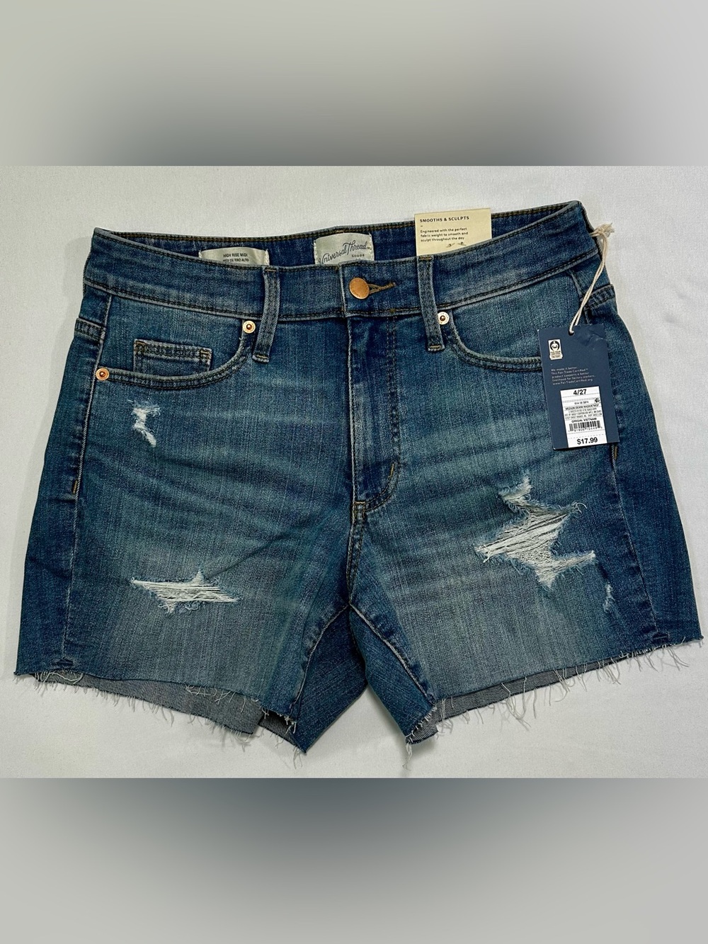 Universal Thread High-Rise Midi Distressed Denim Shorts. Medium Wash